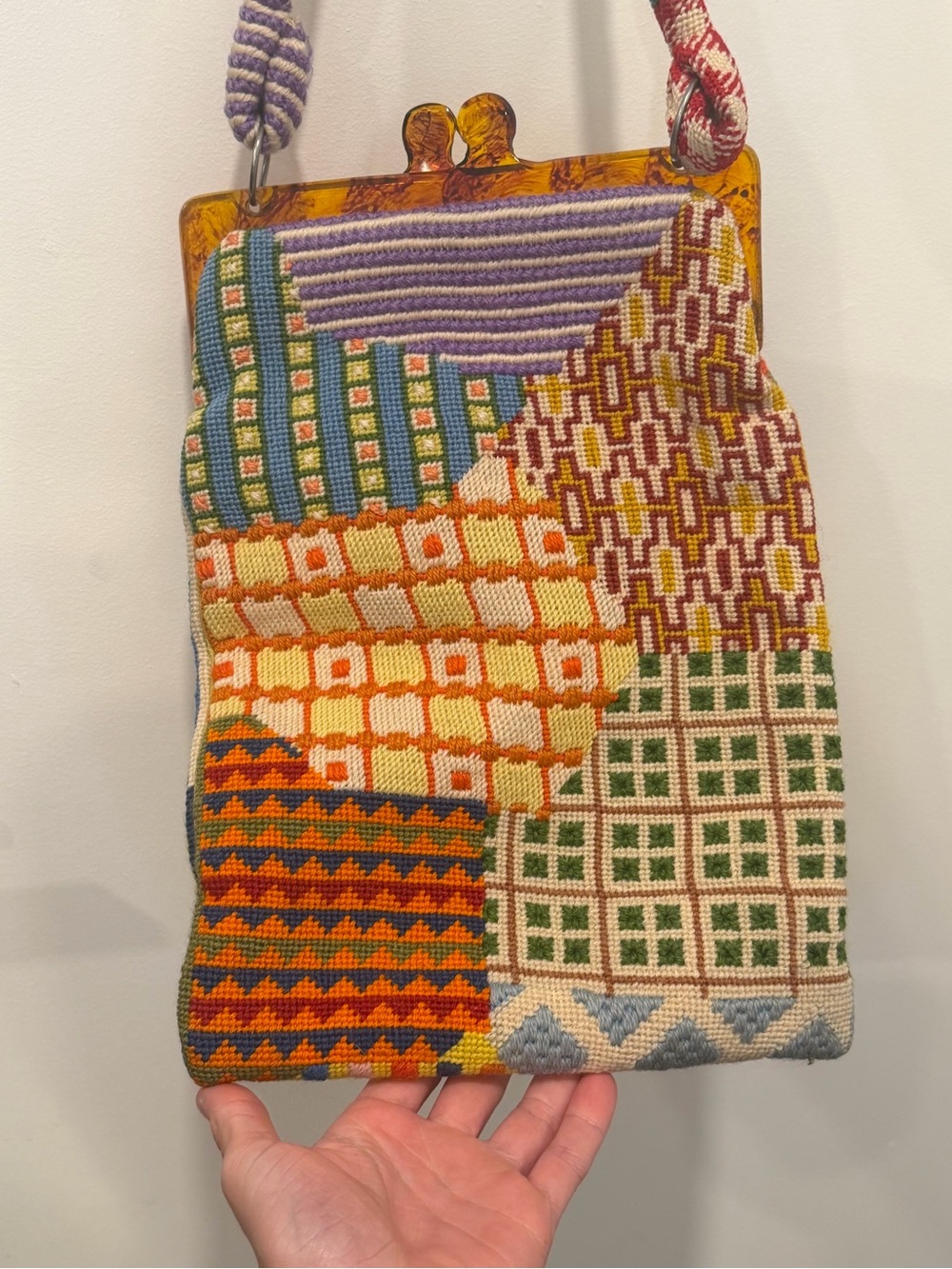 vintage needlepoint patchwork lucite purse bag ladies 70s handmade abstract funk